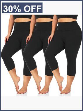 Plus Size High Waist Tummy Control Capri Leggings 3 Pack Stretchy Yoga